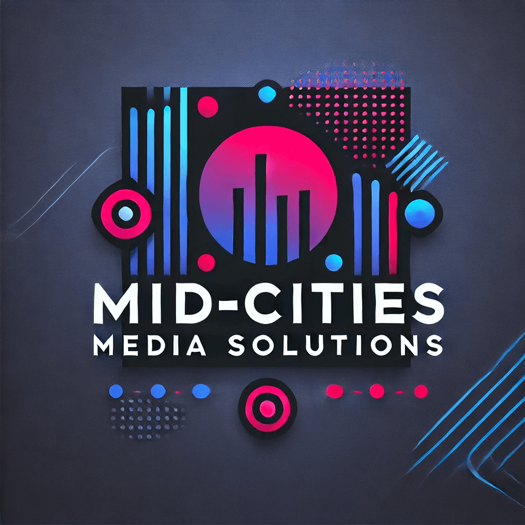 Mid-Cities Media Solutions logo featuring bold electric blue and vibrant pink text for small business website and social media management in the DFW area.